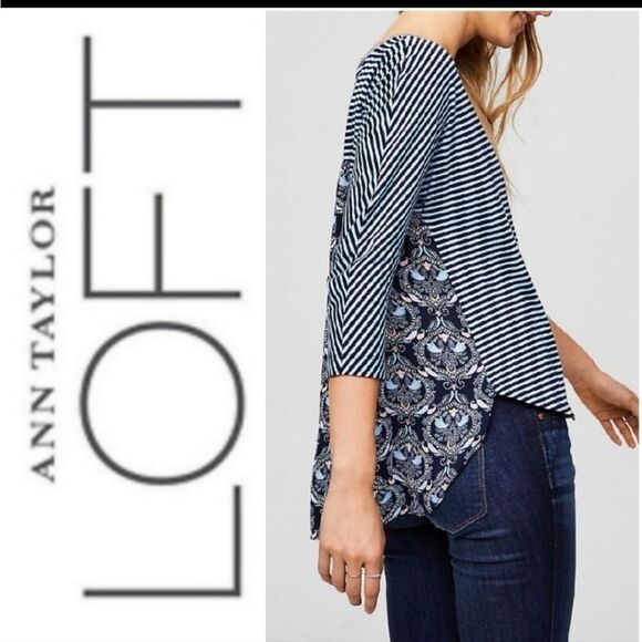 LOFT Blue Mixed Media Top Women's Small Blouse Striped/Paisley Chiffon/Knit Tee - Picture 10 of 12